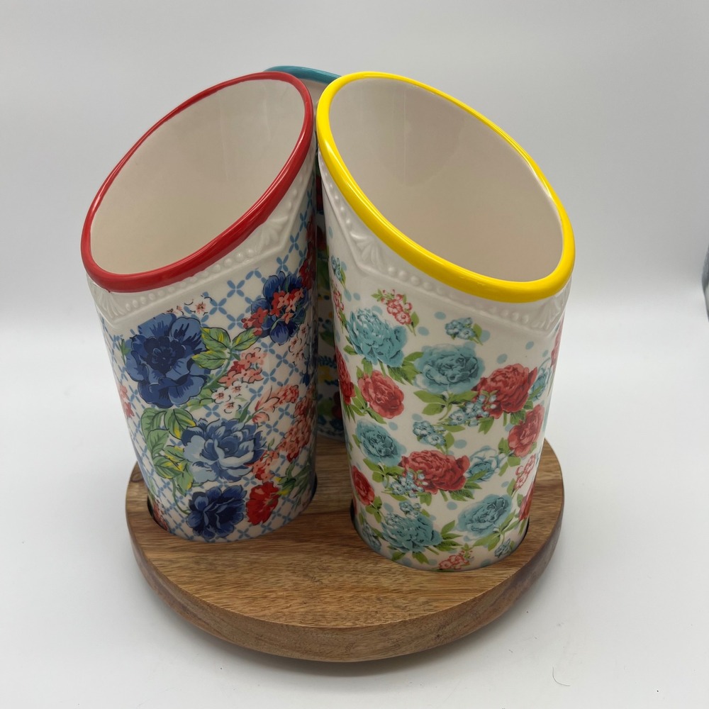 Pioneer Woman Floral Medley 3 Compartment Stoneware Utensil Holder Lazy Susan - Picture 9 of 15